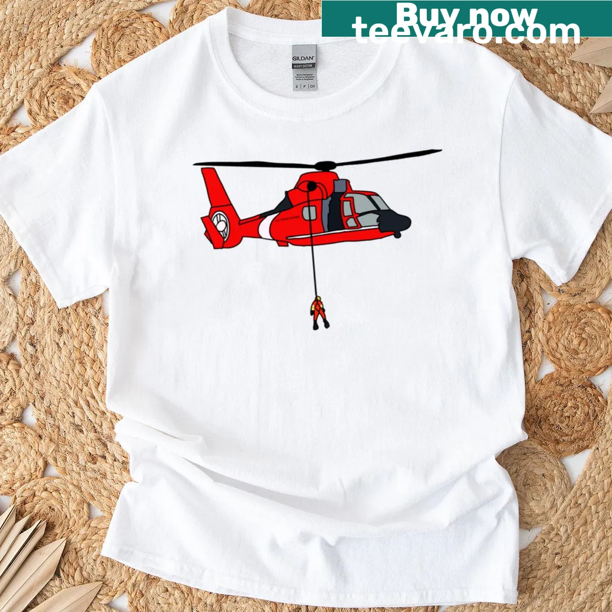 Illustration of a dolphin with a rescue swimmer on a classic t-shirt — on a men's t-shirt