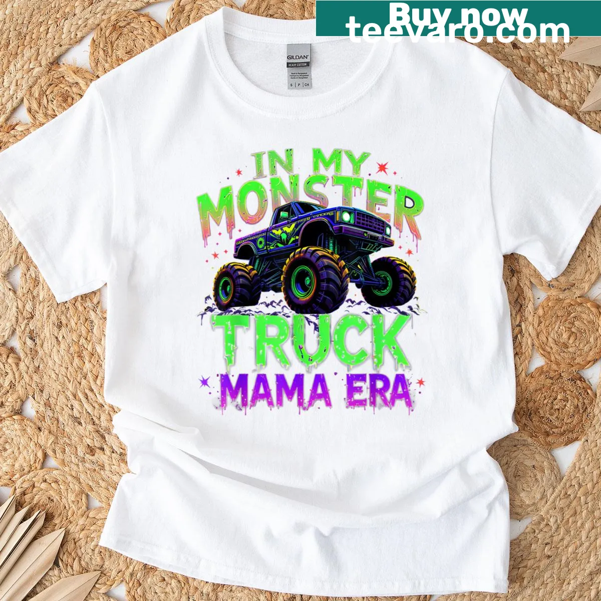 Monster truck graphic on a t-shirt celebrating Monster Truck Mama — on a men's t-shirt