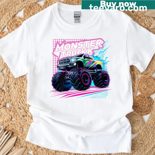 Colorful monster truck cartoon design on a kids birthday t-shirt