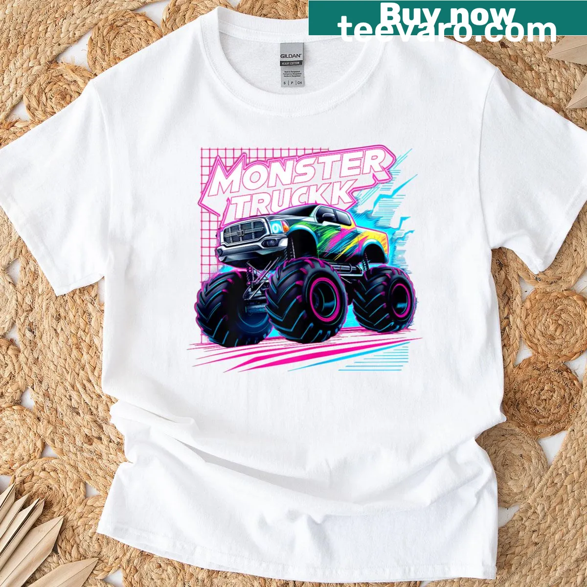 Colorful monster truck cartoon design on a kids birthday t-shirt — on a men's t-shirt