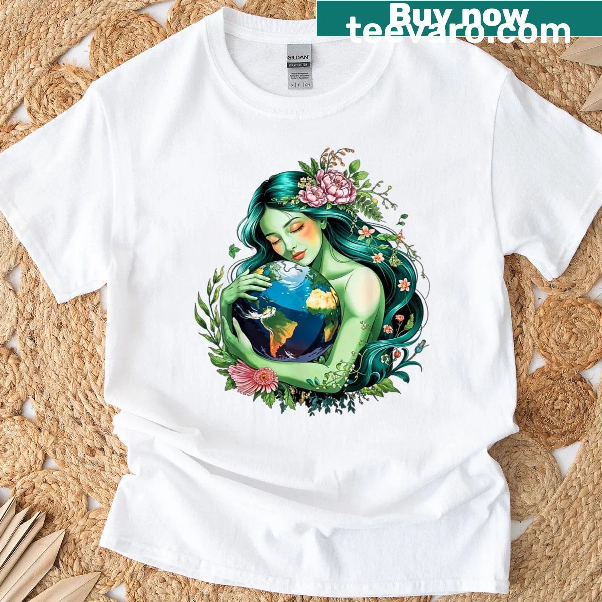 Mother Earth hugging the planet graphic on an Earth Day t-shirt. — on a men's t-shirt