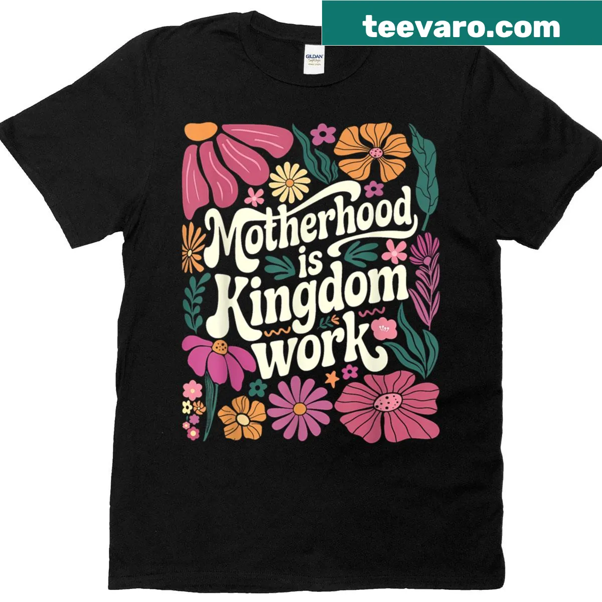 Boho floral t-shirt with the phrase Motherhood Is Kingdom Work — on a men's t-shirt