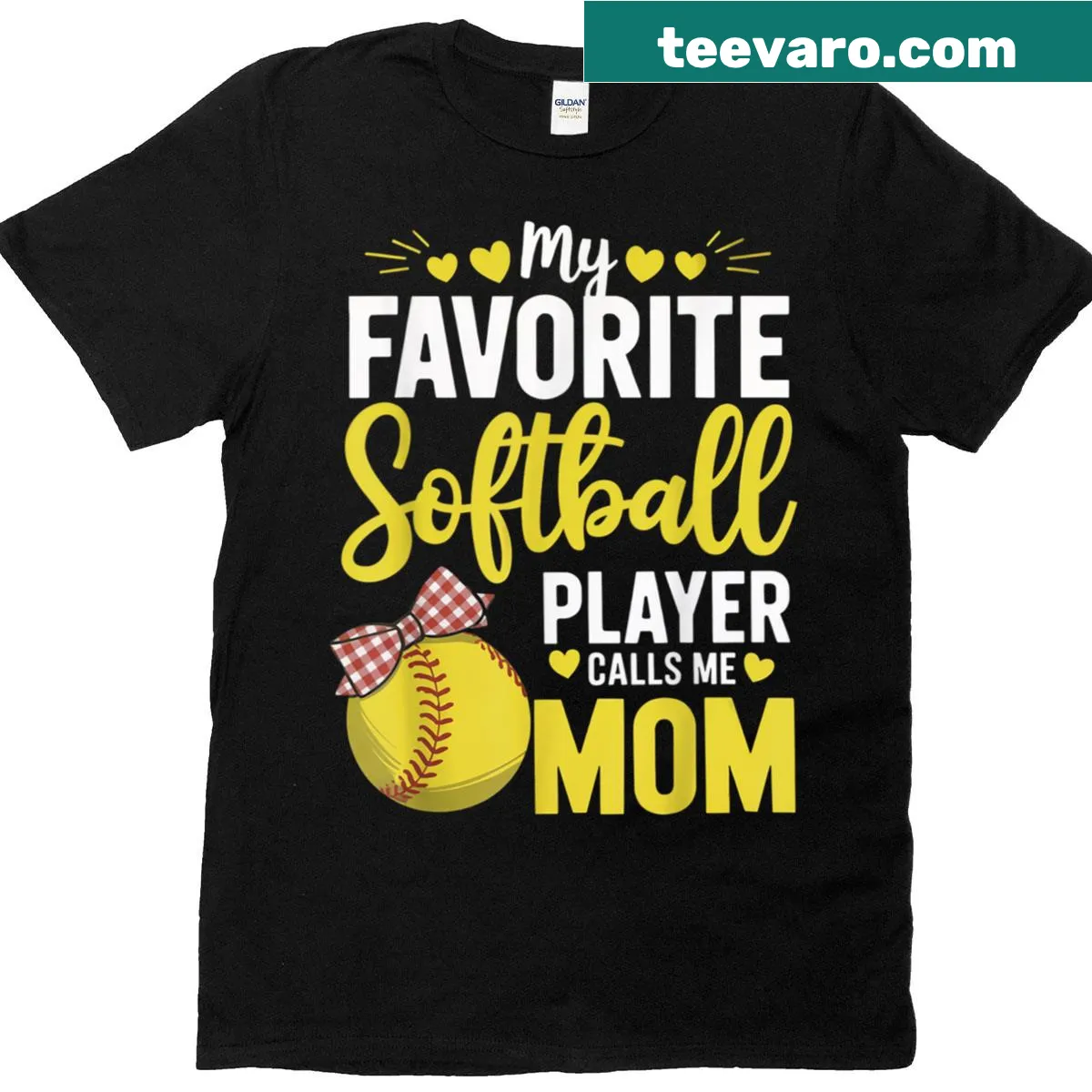Cute bow graphic with text 'My Favorite Softball Player Calls Me Mom' on a t-shirt for moms. — on a men's t-shirt