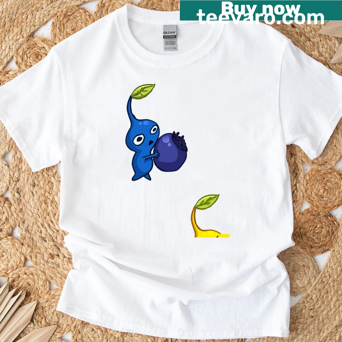 Illustrative Pikmin character graphics on t-shirt — on a men's t-shirt