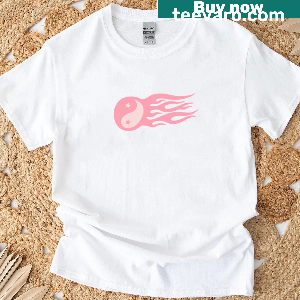 Whimsical pinkie yin yang design with star motifs on a t-shirt — on a men's t-shirt