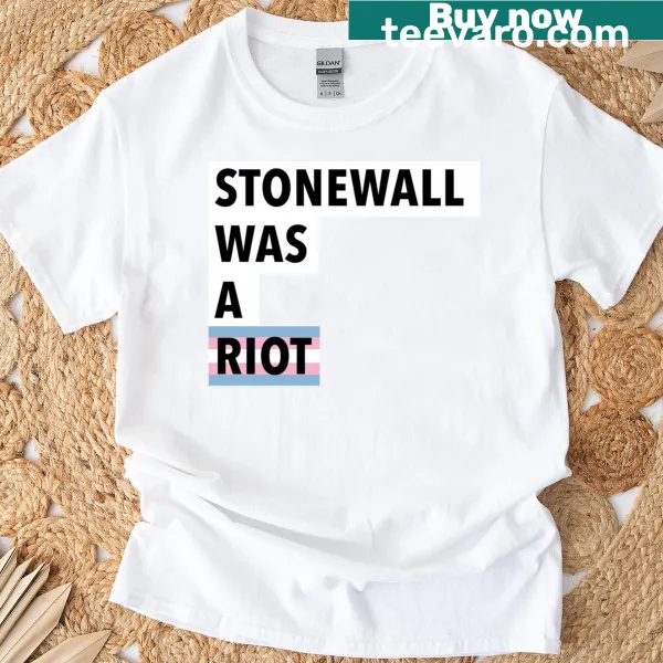Bold text commemorating Stonewall on a pride-themed t-shirt