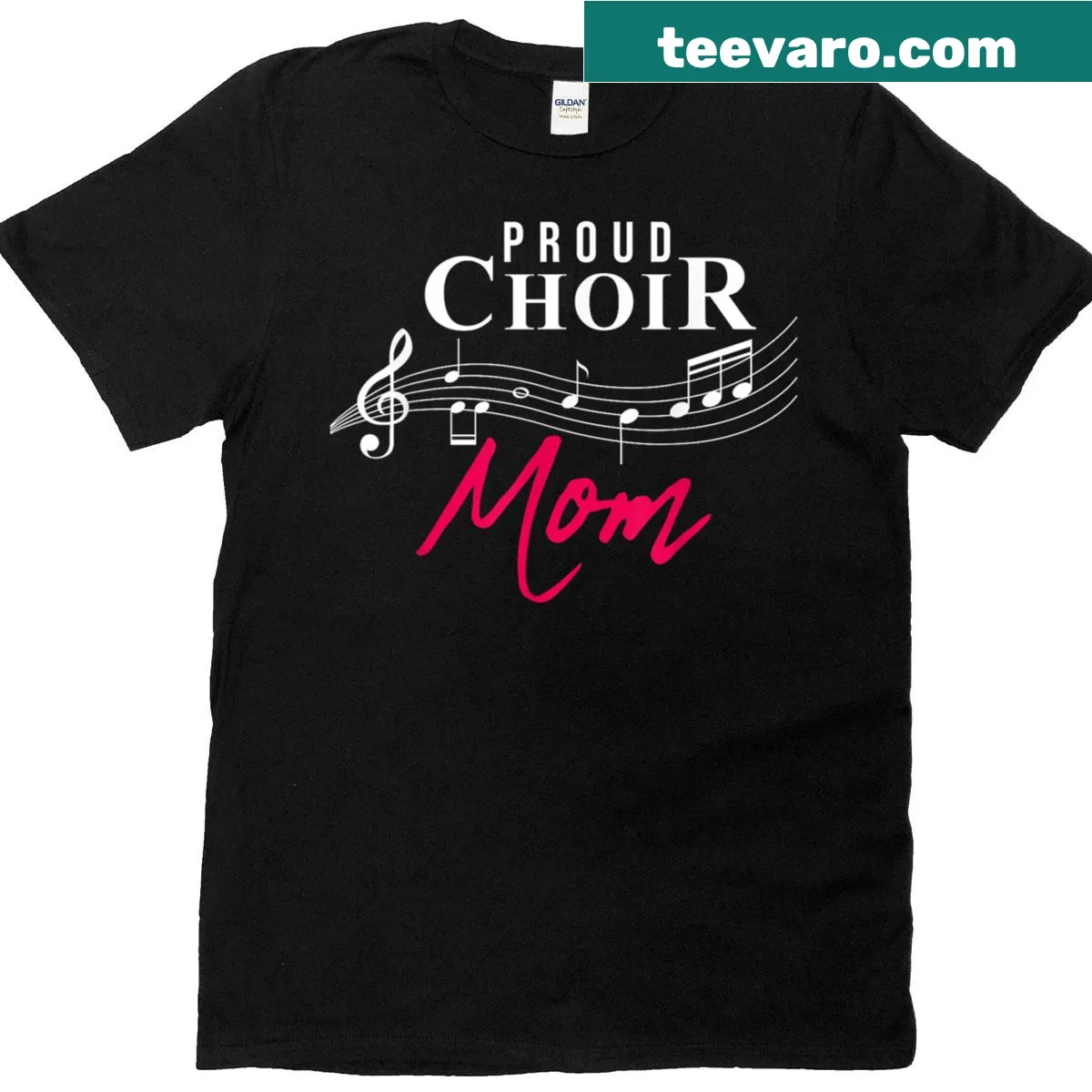 Proud Choir Mom t-shirt with music-themed design. — on a men's t-shirt