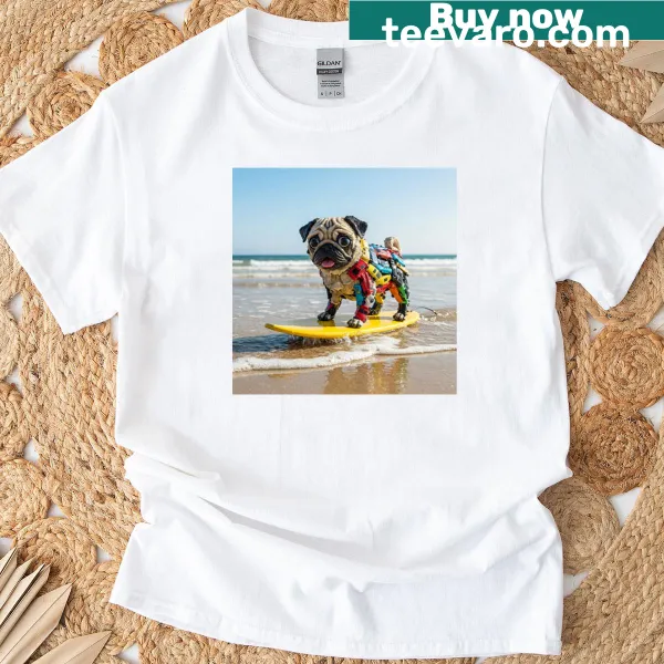 Illustration of a pug surfing on a board with sunglasses