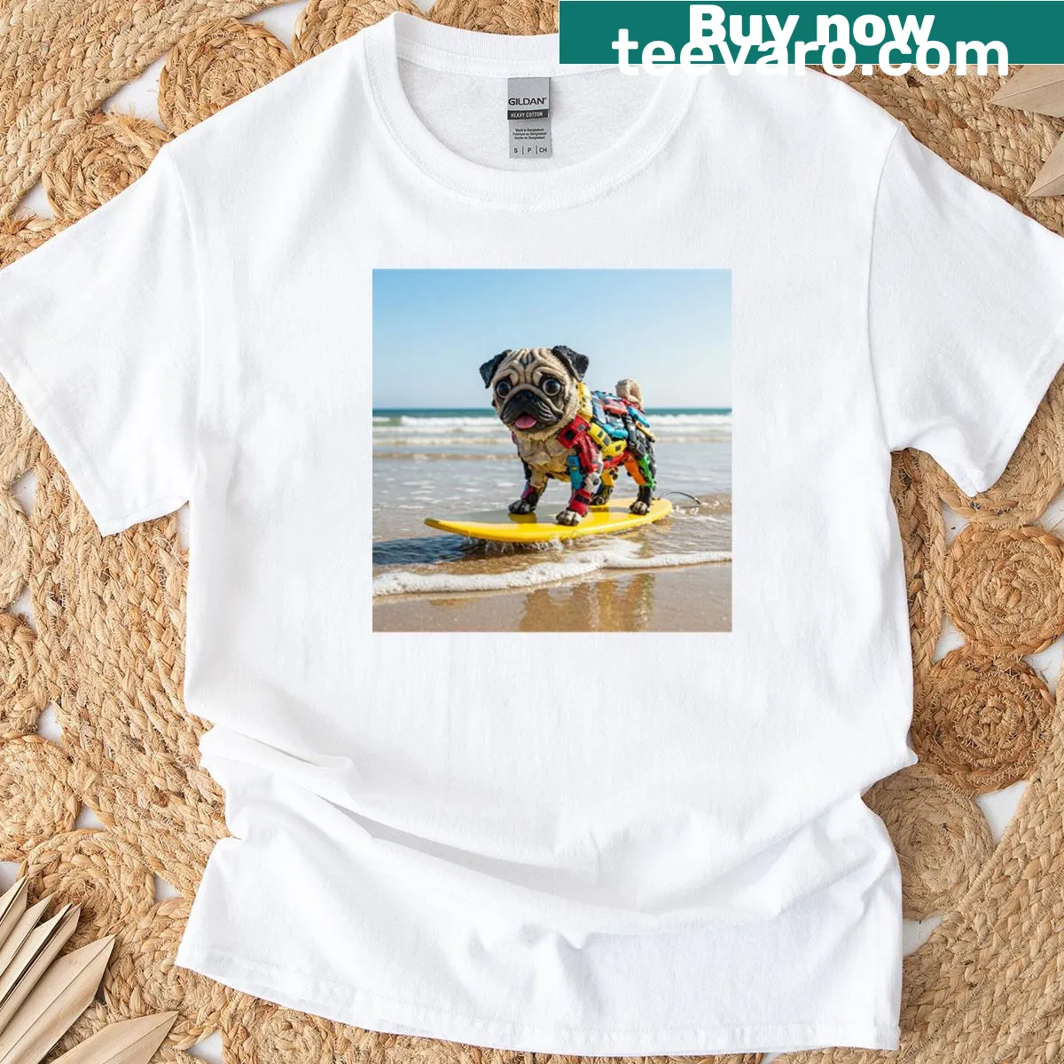 Illustration of a pug surfing on a board with sunglasses — on a men's t-shirt