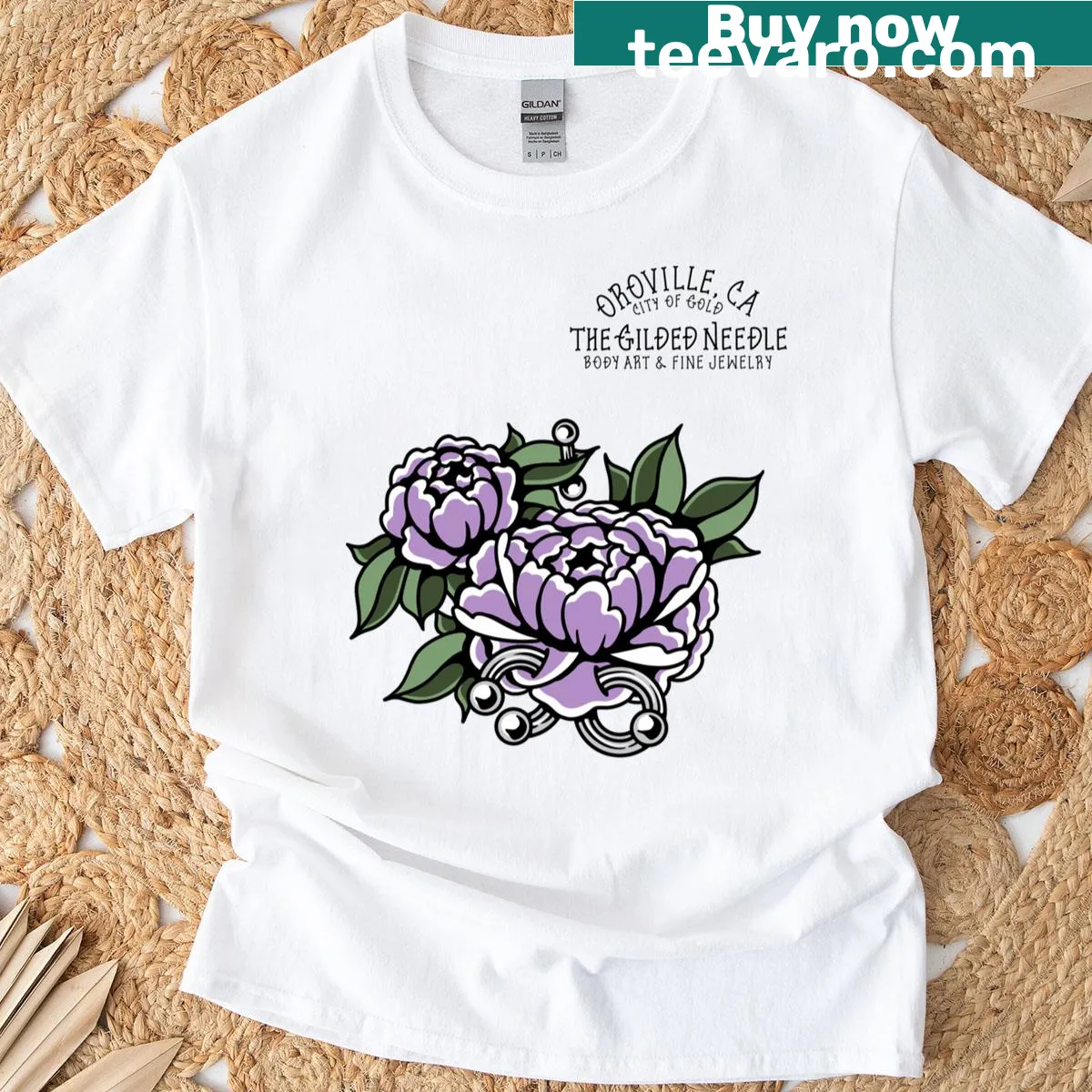 Illustrative T-shirt featuring a delicate peony design — on a men's t-shirt