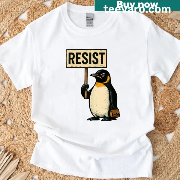Graphic T-shirt featuring penguins united for activism