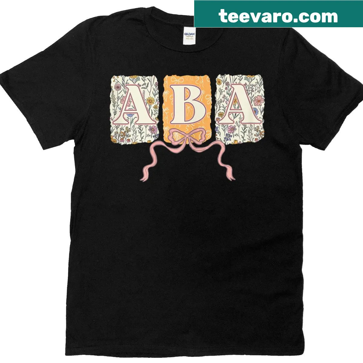 Retro floral design with a bow on an ABA-themed t-shirt — on a men's t-shirt