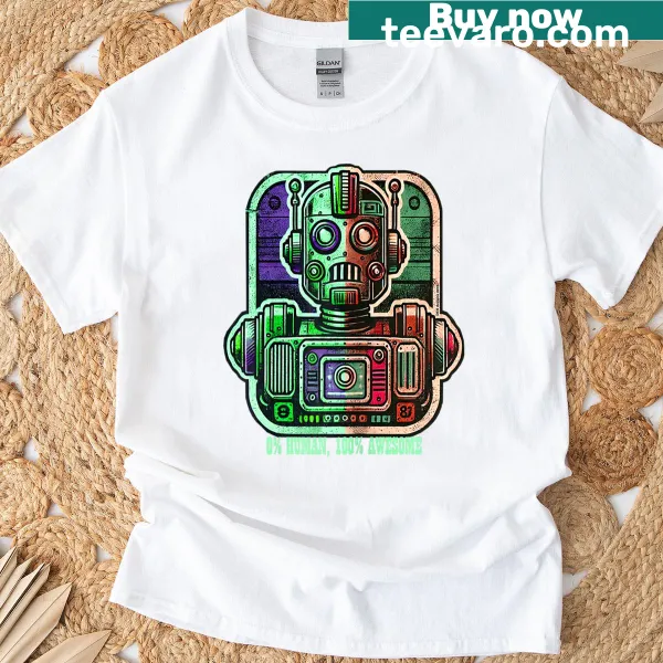 Retro robot graphic t-shirt with funny text about being awesome