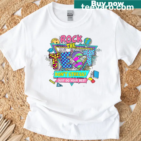 Retro teacher t-shirt with star graphics for testing day