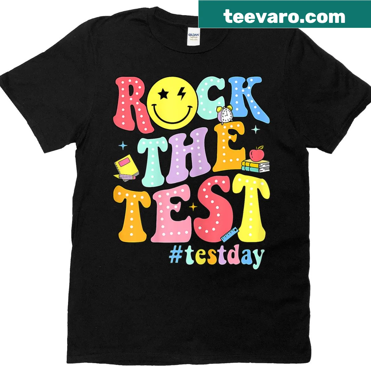 Motivational teacher t-shirt with 'Rock The Test' for testing days — on a men's t-shirt