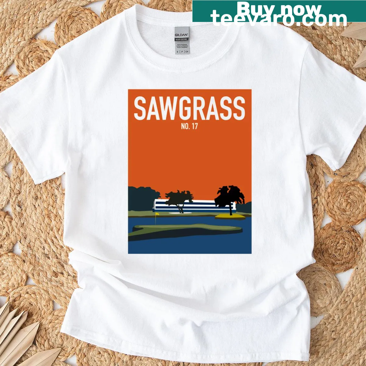 Minimalist silhouette t-shirt of Sawgrass No 17 landscape — on a men's t-shirt