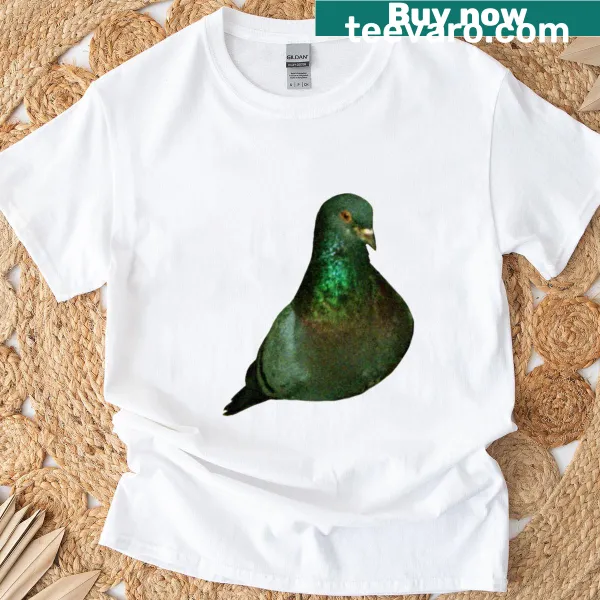 Illustration of a relaxed pigeon sitting on a classic T-shirt.