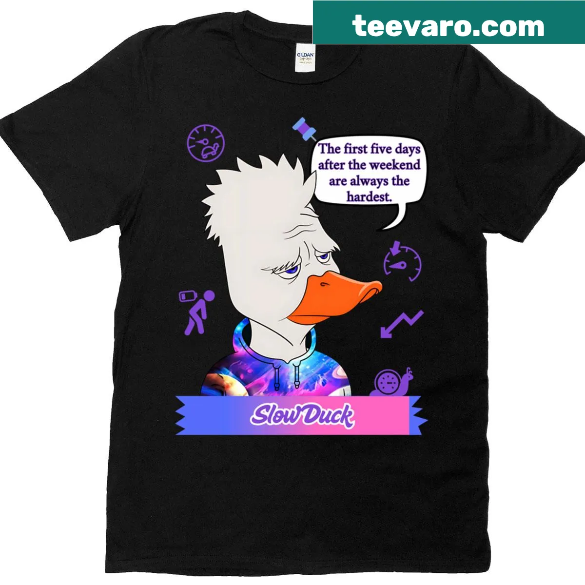 Cartoon graphic of a slow duck on a classic T-shirt — on a men's t-shirt