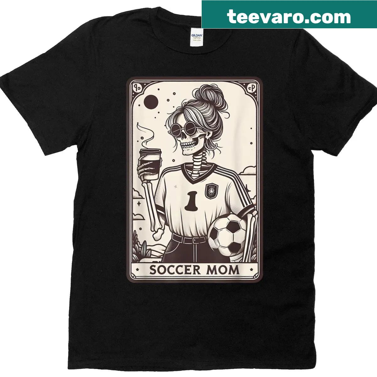 Illustrated tarot card style design featuring a Soccer Mama — on a men's t-shirt