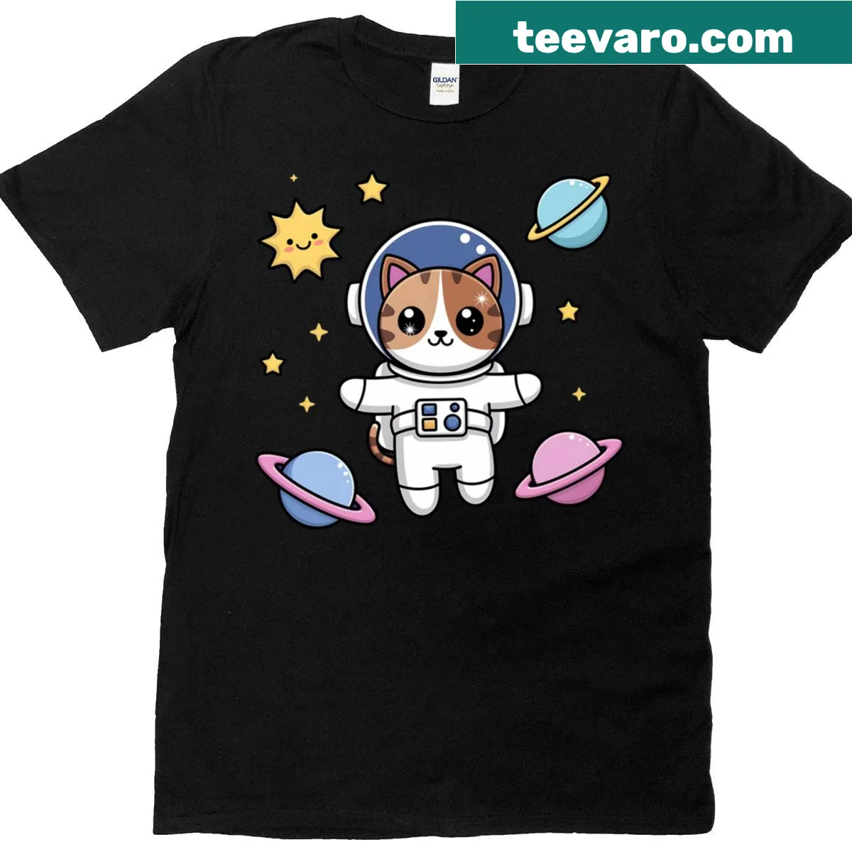 Illustration of a cat in an astronaut suit exploring space — on a men's t-shirt