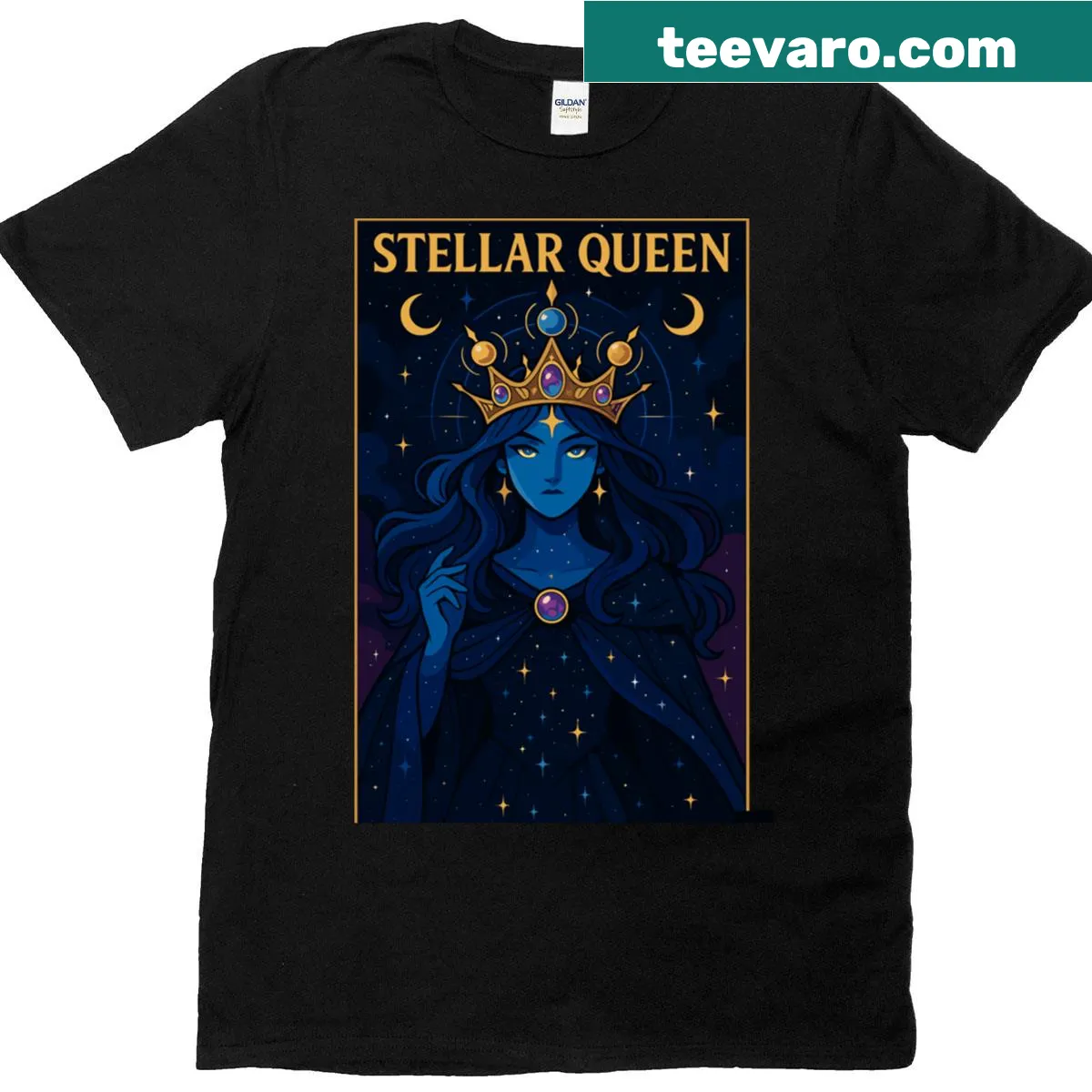 Bold typography t-shirt featuring 'Stellar Queen' — on a men's t-shirt