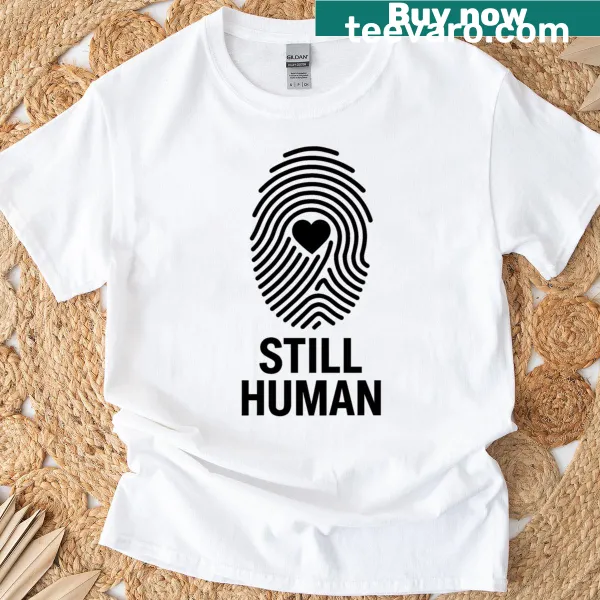 Fingerprint heart graphic on classic t-shirt, symbolizing humanity