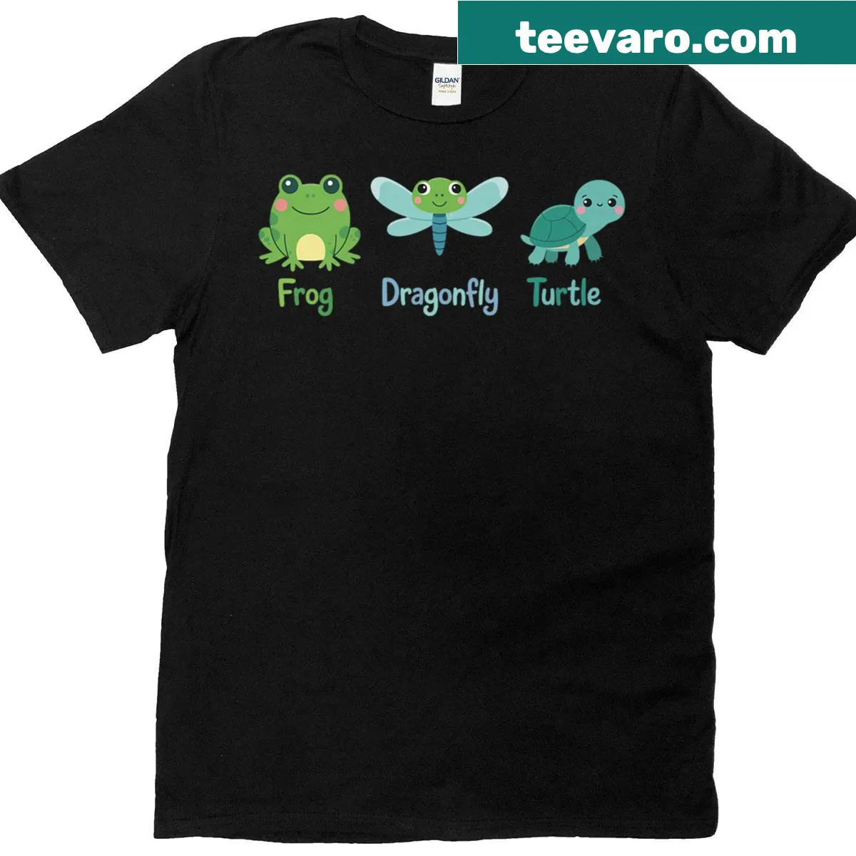 Cartoon nature scene with frog, dragonfly, and turtle — on a men's t-shirt