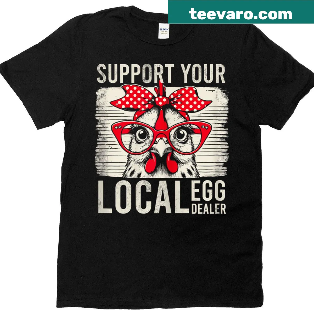 Funny retro t-shirt with a chicken graphic promoting local egg dealers — on a men's t-shirt