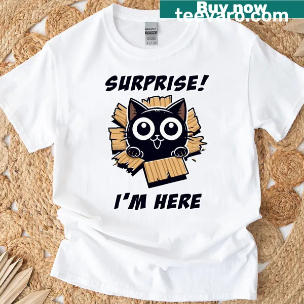 Cute cartoon cat breaking through on a T-shirt