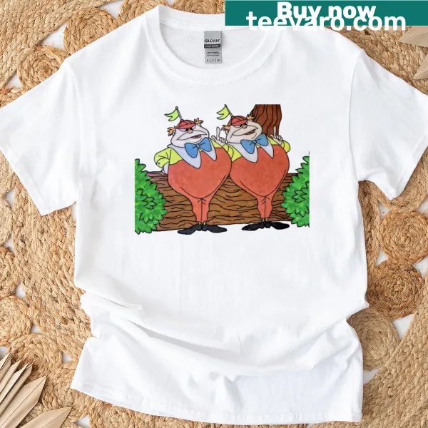 Cartoon-style T-shirt featuring Tweedle Dee and Tweedle Dum characters