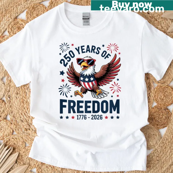 Funny cartoon eagle t-shirt celebrating USA's 250th anniversary
