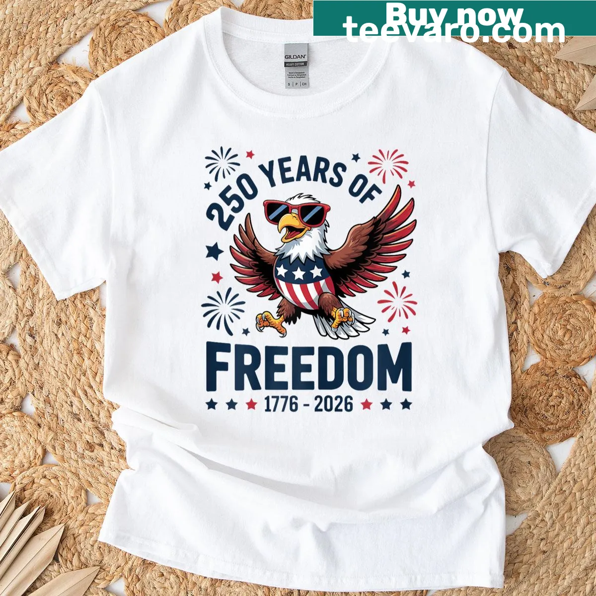 Funny cartoon eagle t-shirt celebrating USA's 250th anniversary — on a men's t-shirt