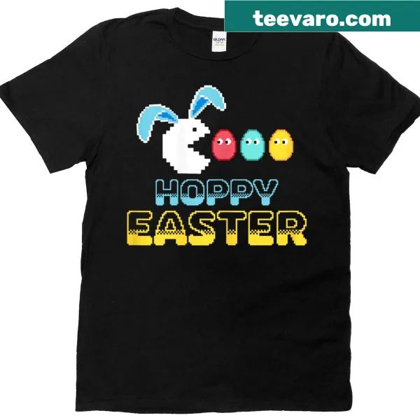 Retro gaming-themed shirt featuring graphics of Easter eggs.