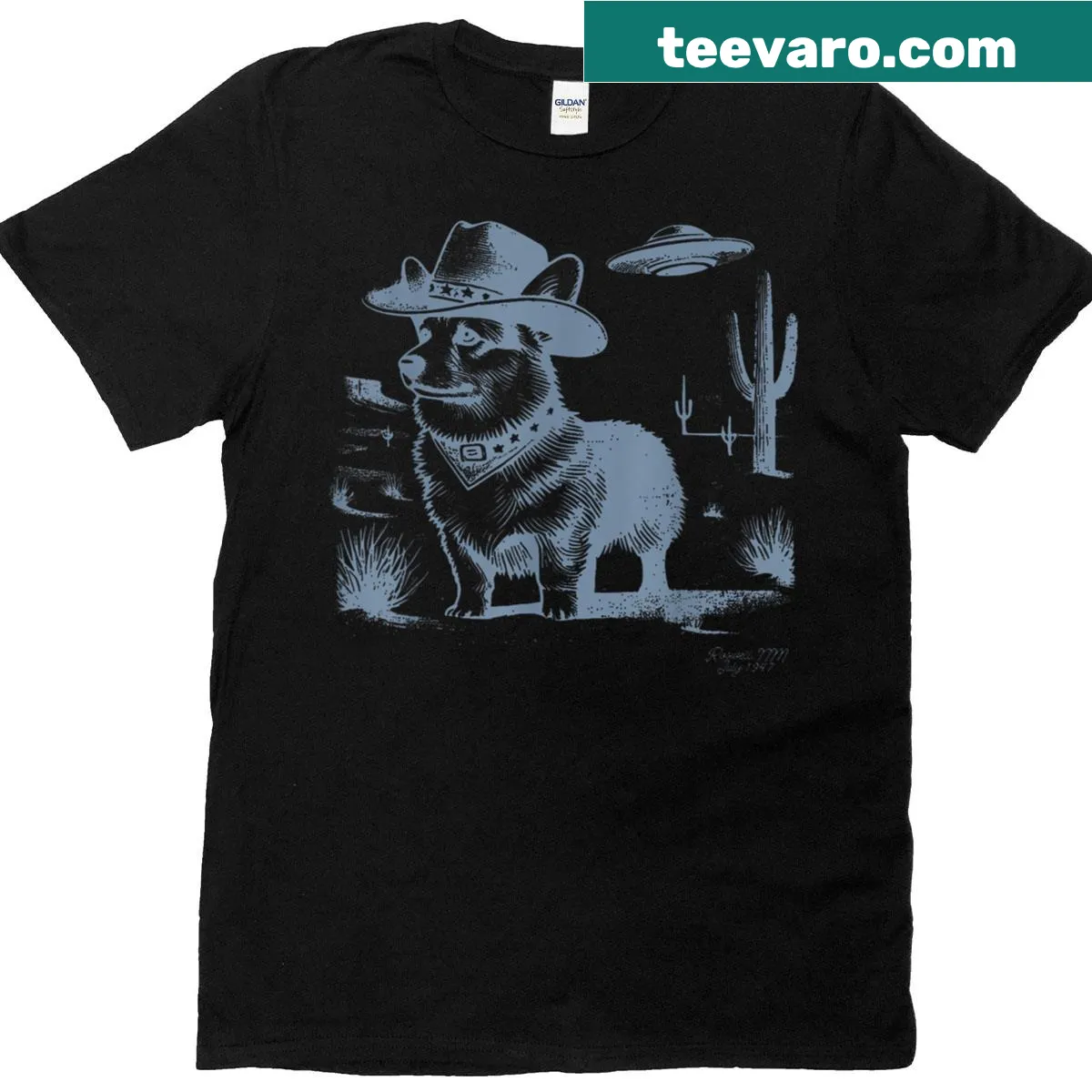 Vintage T-shirt with a cowboy corgi and UFO design — on a men's t-shirt