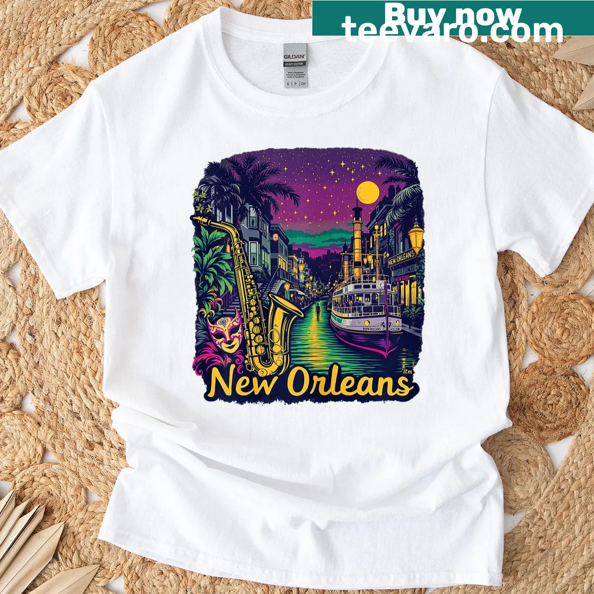 Vintage New Orleans skyline silhouette with sunset graphic — on a men's t-shirt