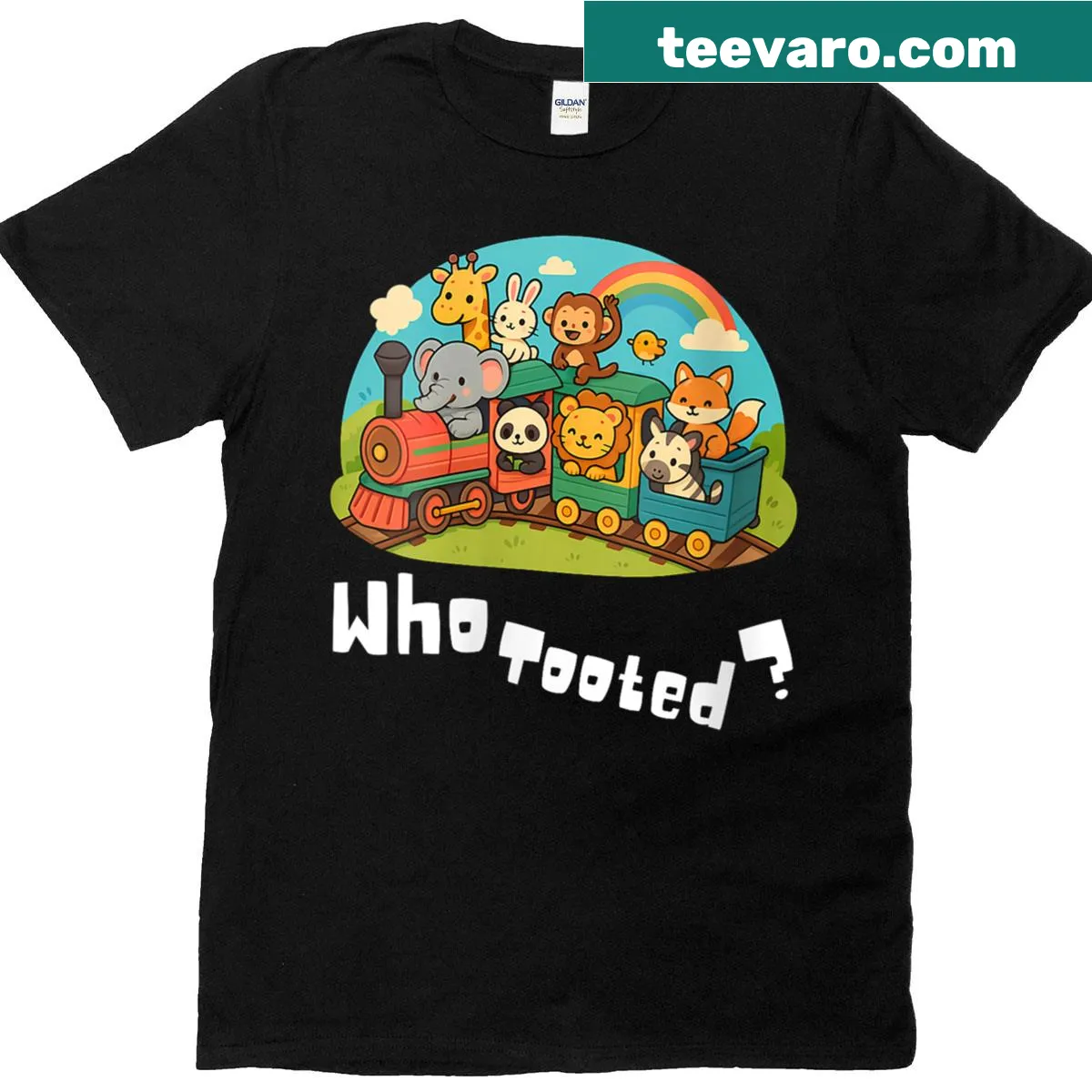 Cute cartoon V-neck t-shirt featuring animals and the phrase Who Tooted — on a men's t-shirt
