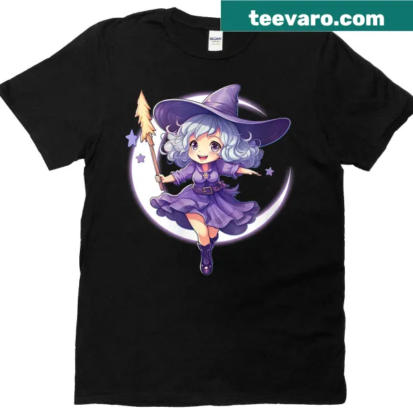 Halloween V-neck t-shirt with a cute witch on a crescent moon