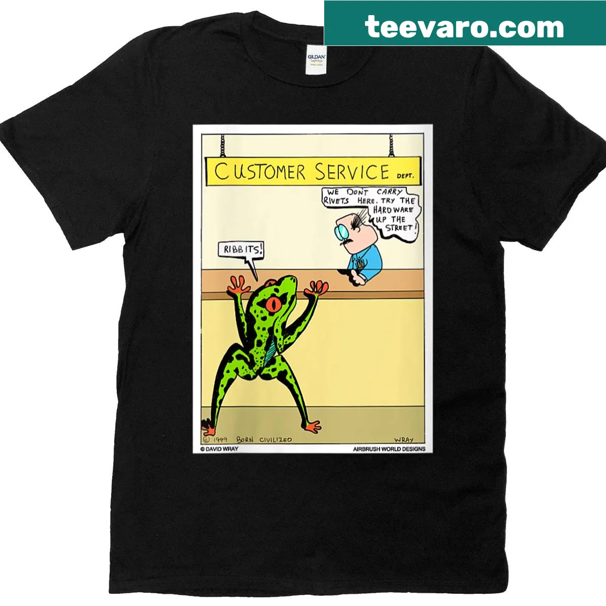 Cartoon frog with ribbit text on a funny customer service tee — on a men's t-shirt