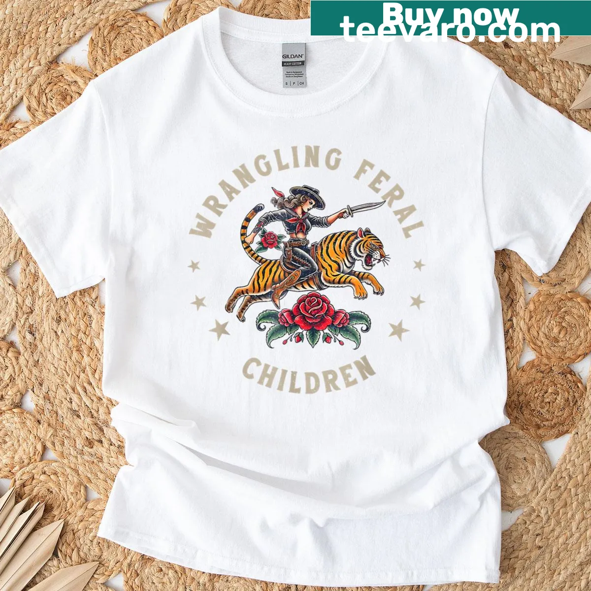 Funny t-shirt with 'Wrangling Feral Children' text for moms — on a men's t-shirt