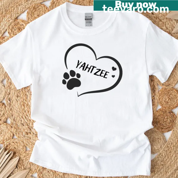Heart with Yahtzee text and paw print graphic on T-shirt