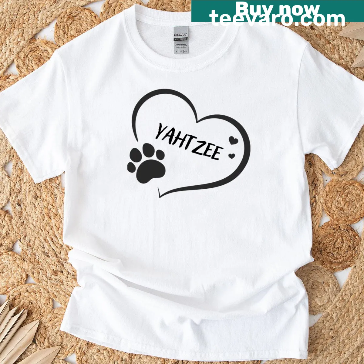 Heart with Yahtzee text and paw print graphic on T-shirt — on a men's t-shirt