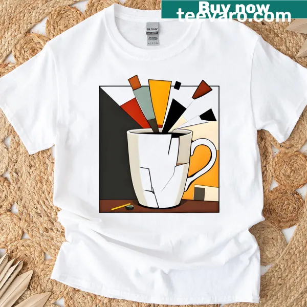 Abstract graphic of an exploding coffee cup on a classic t-shirt