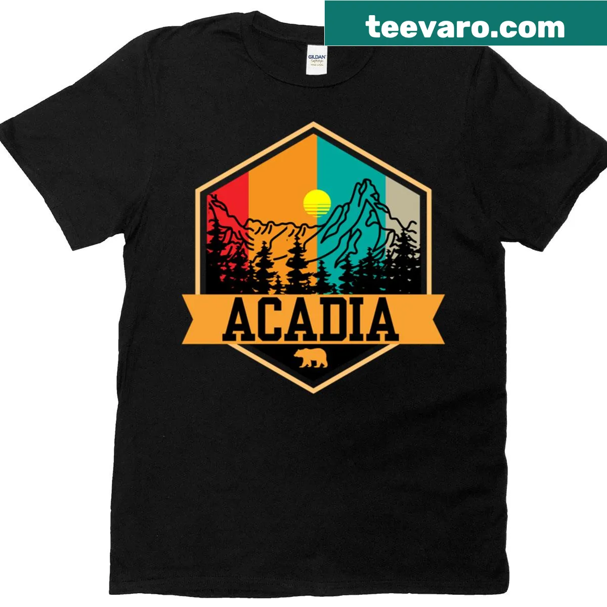 Illustrated sticker design of Acadia National Park on a classic tee — on a men's t-shirt
