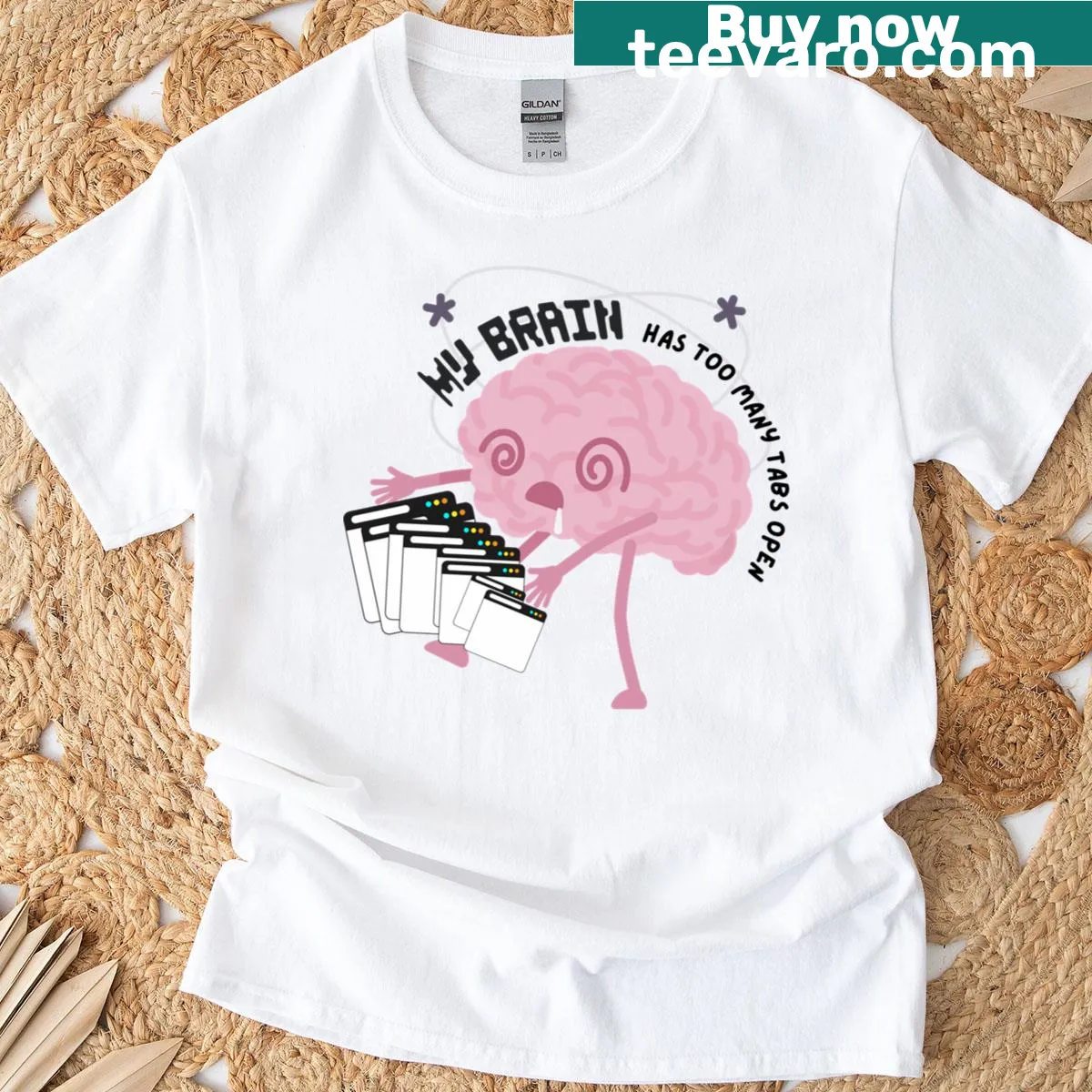 Illustration of an ADHD brain with many tabs open on a classic t-shirt — on a men's t-shirt