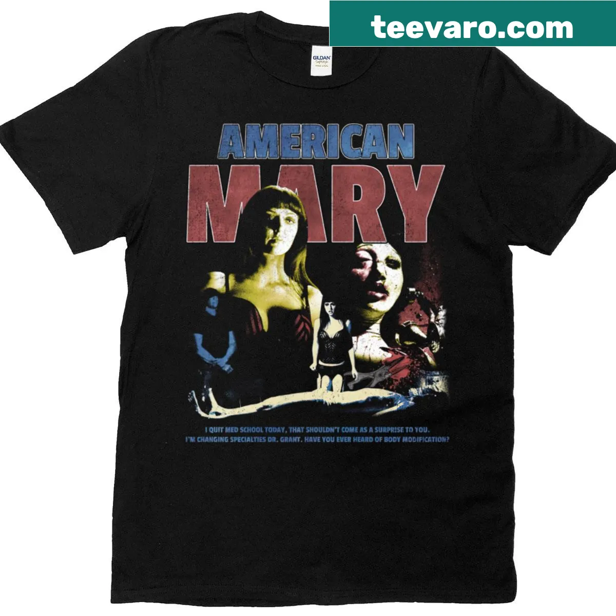Vintage-style tee inspired by American Mary horror film — on a men's t-shirt