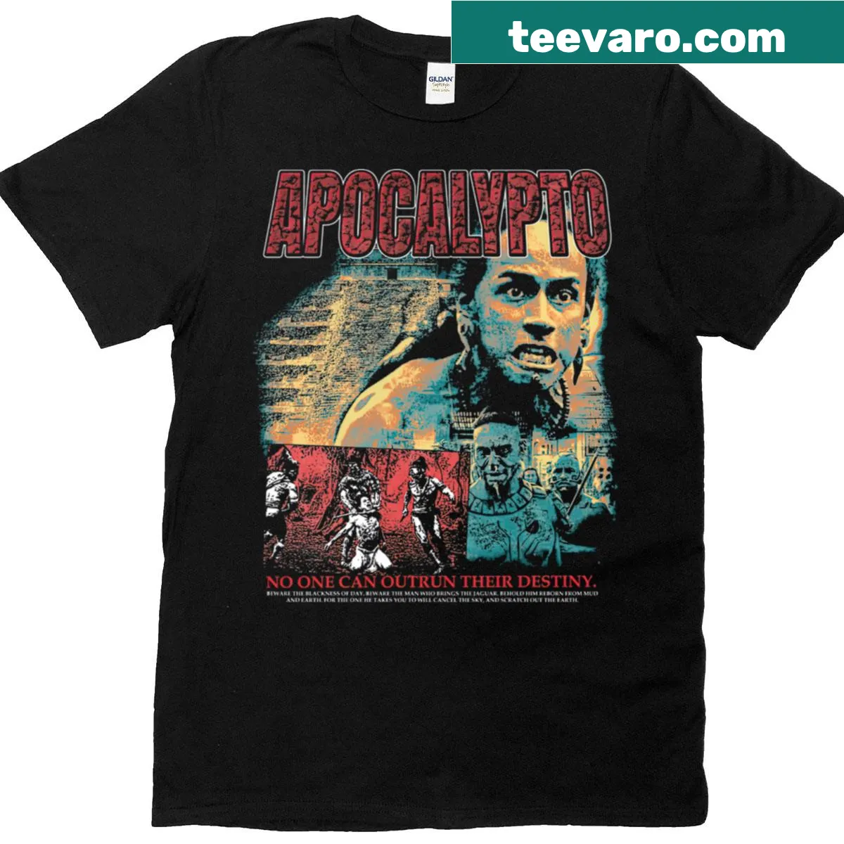 Apocalypto-themed classic t-shirt with bold typography design — on a men's t-shirt