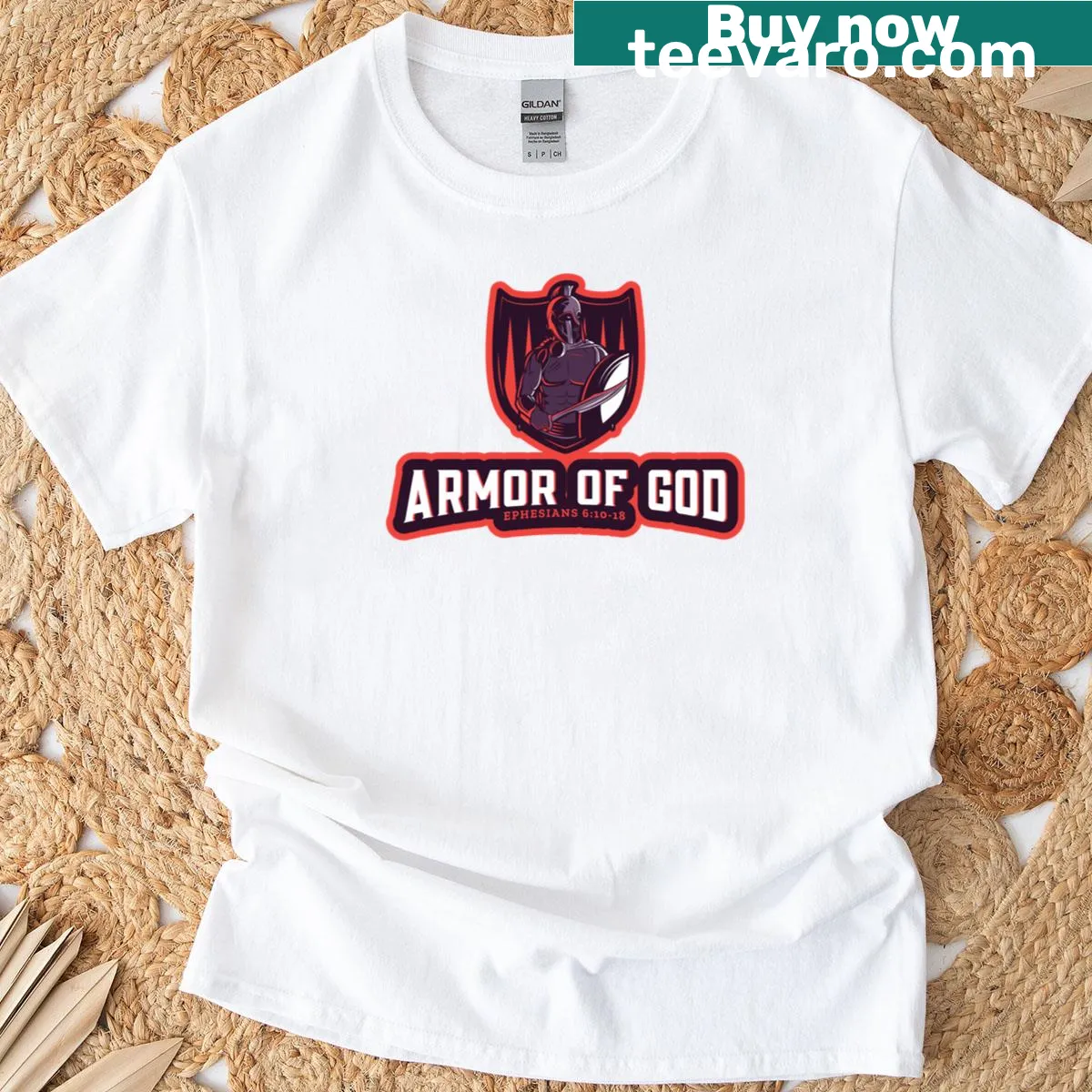 Christian T-shirt featuring Armor of God logo and scripture — on a men's t-shirt