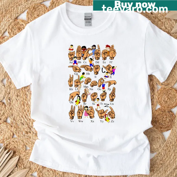 Cute cartoon ASL alphabet design on a kids classic t-shirt