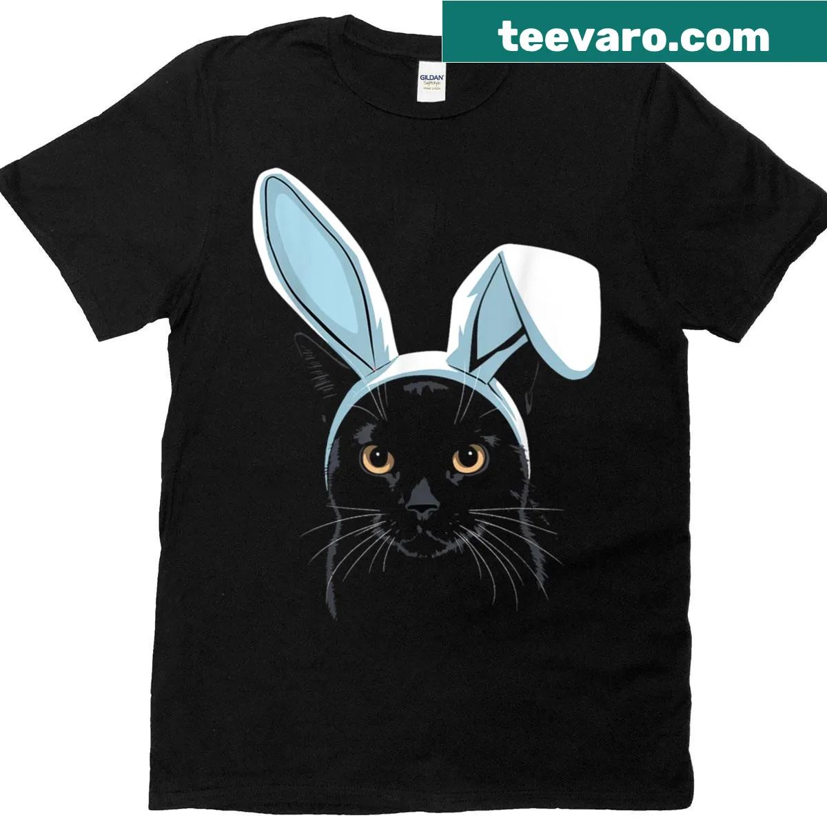 Cute cartoon black cat with bunny ears on a kids T-shirt — on a men's t-shirt