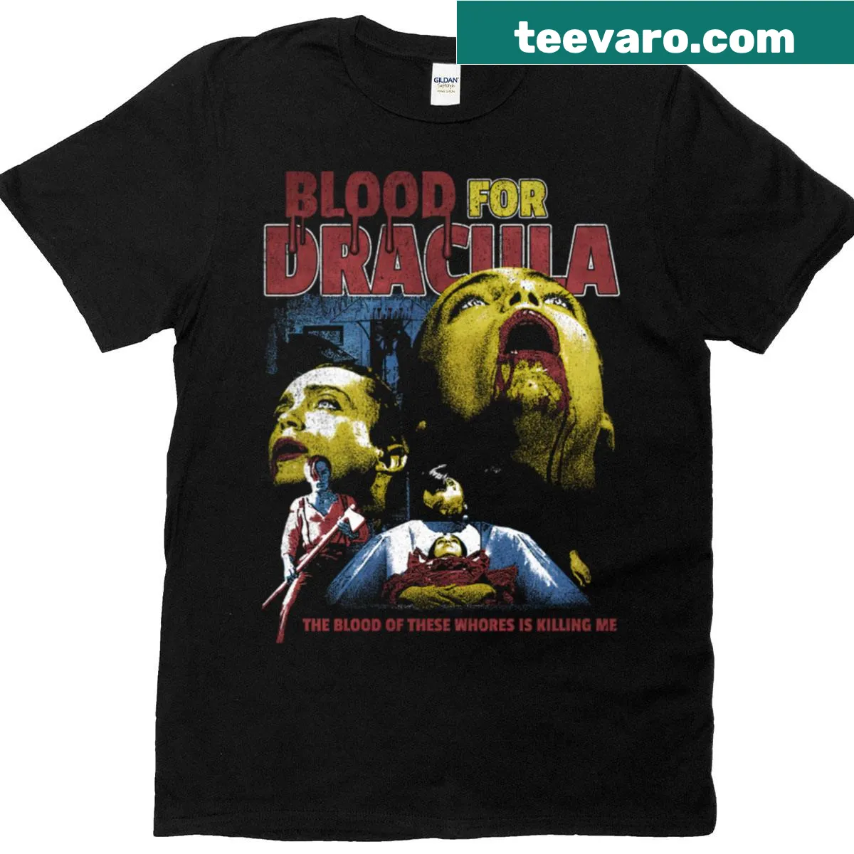Classic horror-themed t-shirt Blood For Dracula with bold text — on a men's t-shirt